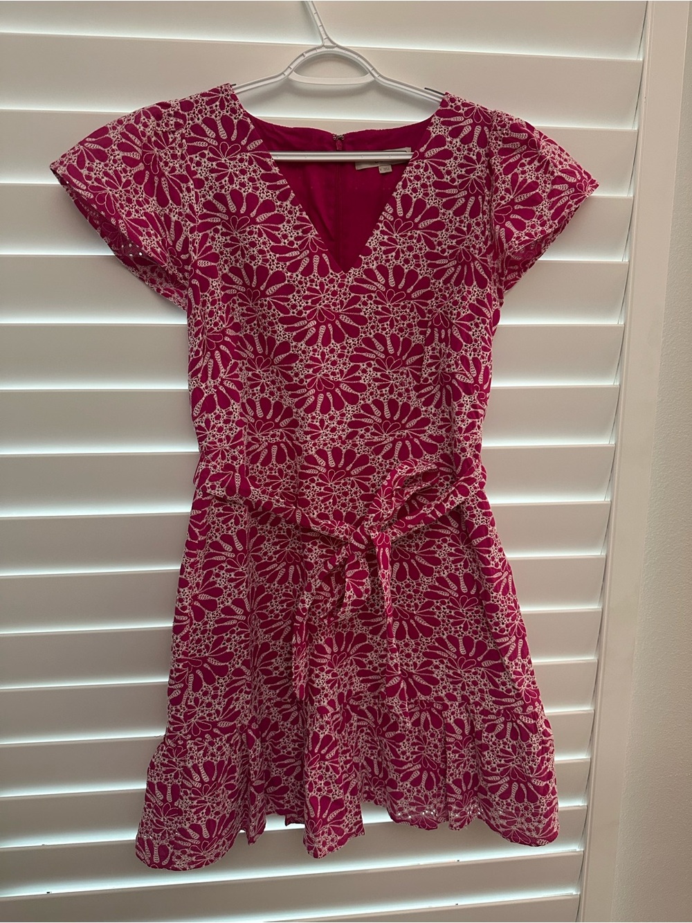 LOFT Magenta Floral Tie-Waist Mini Dress